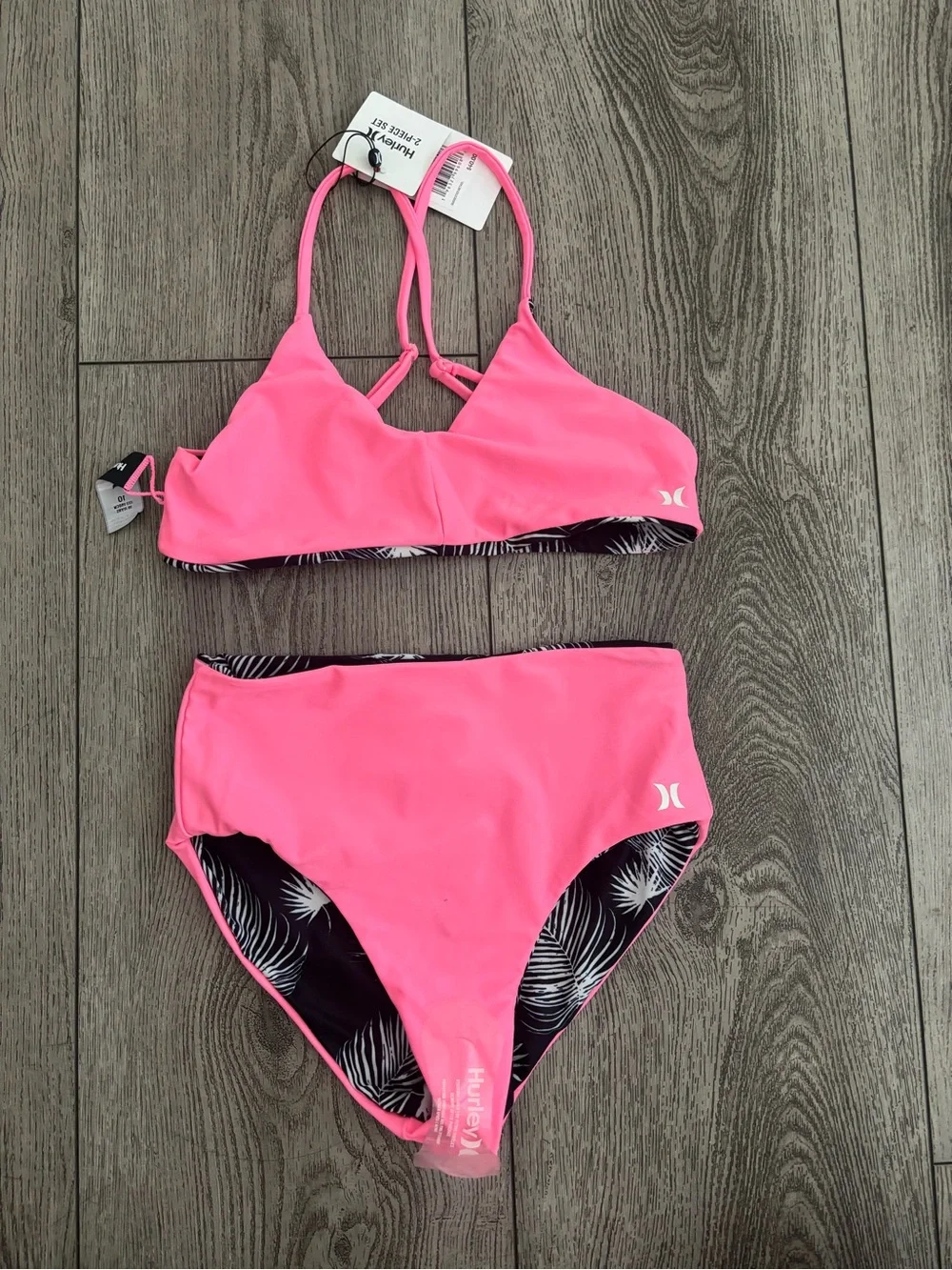 Hurley Black & Hot Pink Palm-Print Girls' Two-Piece Swim Set